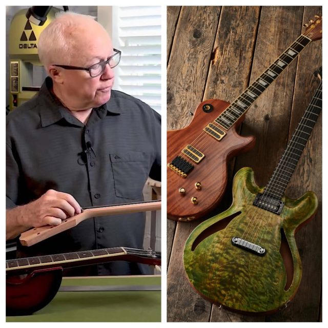 Luthier using StewMac tools to work on an acoustic guitar in a workshop