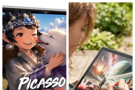 PicassoTab Review: The Standalone Drawing Tablet Built for Serious Artists Artist drawing on a PicassoTab Z13 standalone tablet at a bright home studio desk