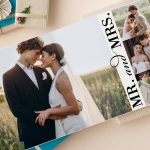 Snapfish hardcover photo book open to a colorful vacation layout