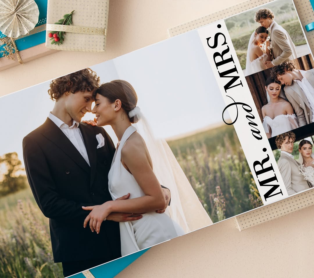 Snapfish hardcover photo book open to a colorful vacation layout