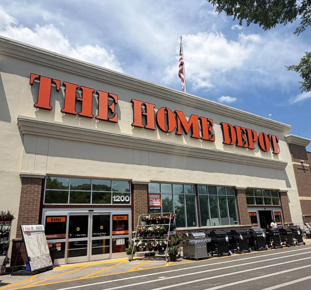Home Depot kitchen appliances including refrigerators and ranges in showroom